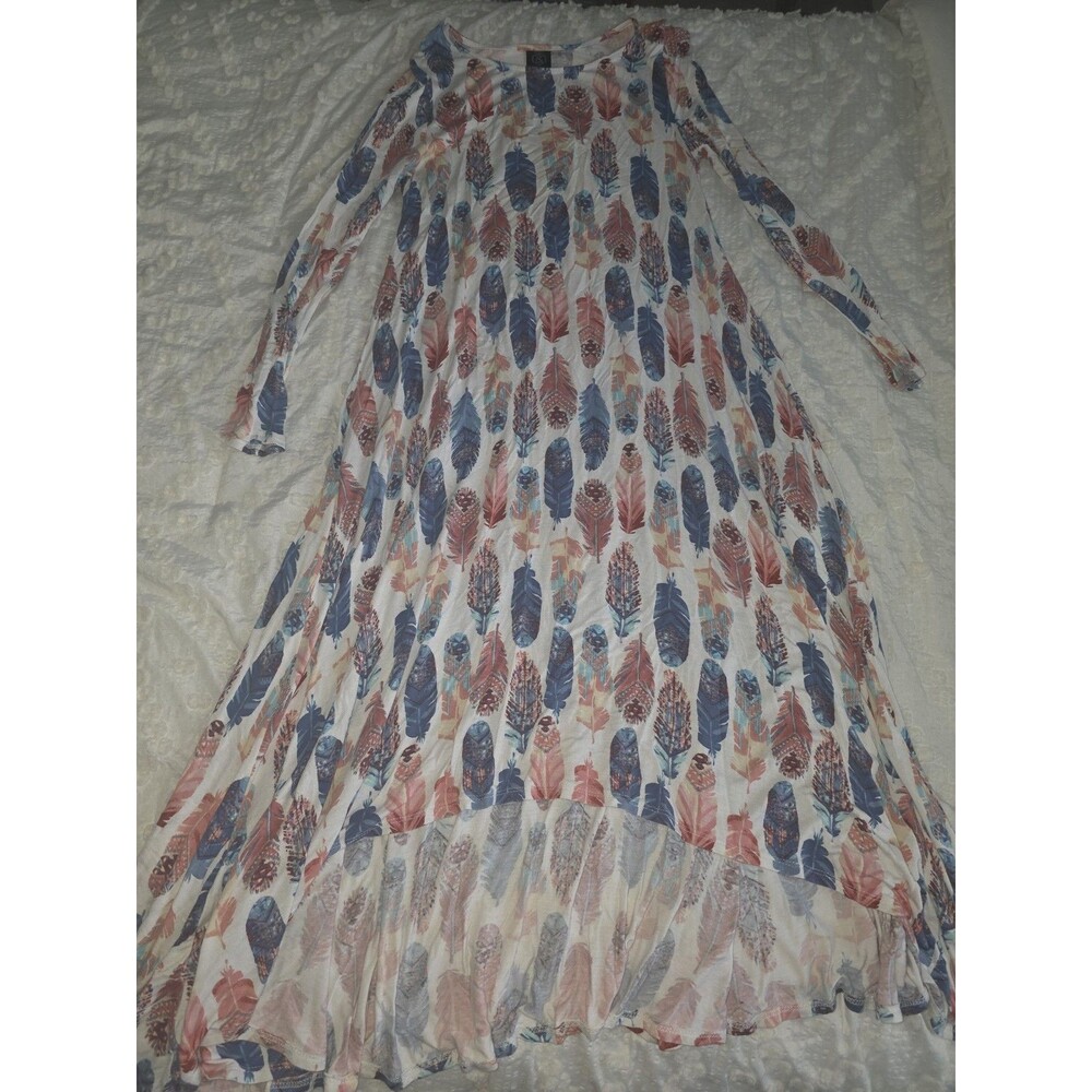Agnes & Dora Women's XS/S Feather Print Maxi Dress Long Sleeve Multicolor